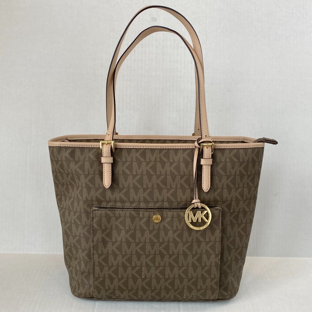 Michael Kors Brown Tan Leather Logo Zip Top Tote Handbag NWOT Excellent Cond